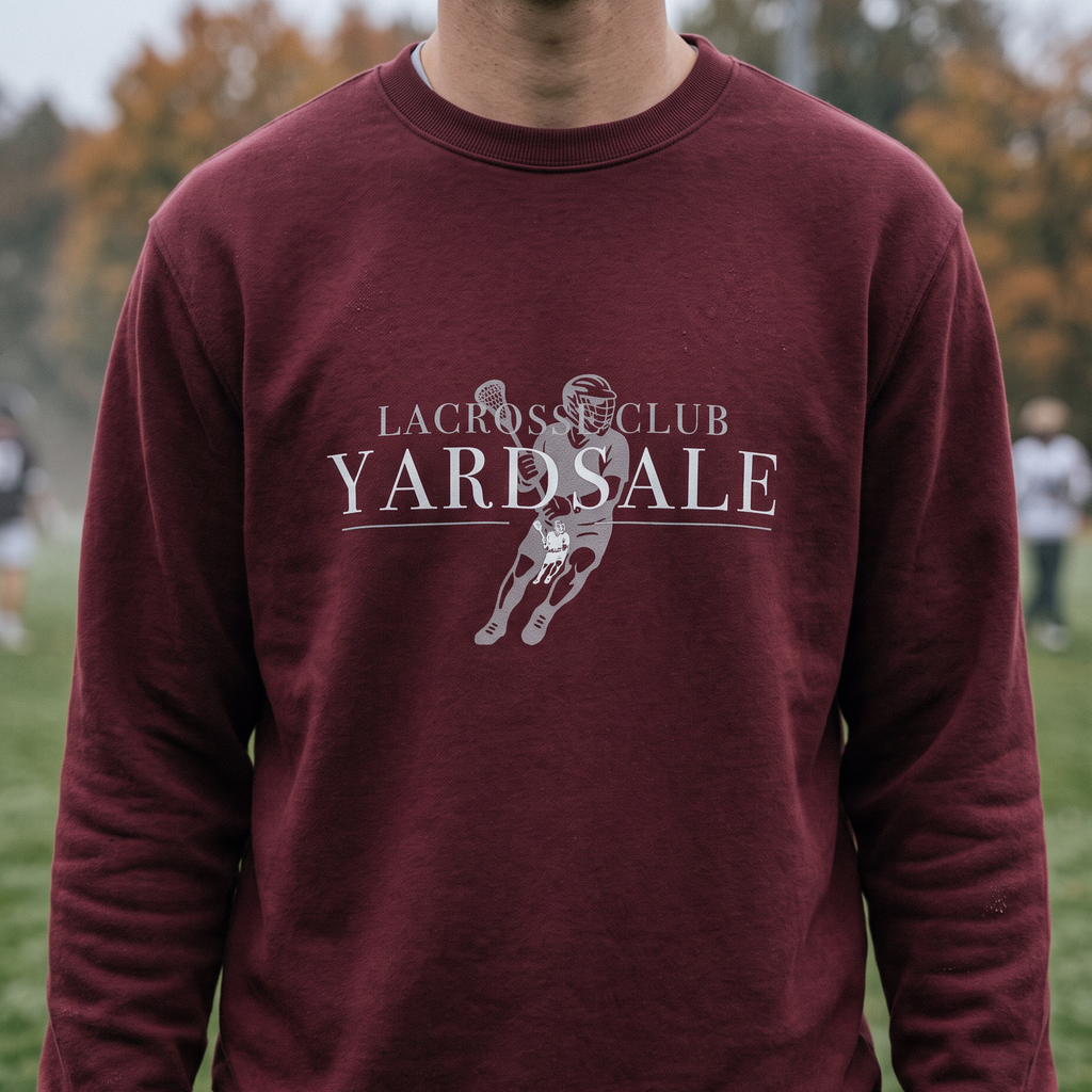 A person wearing a maroon crewneck sweatshirt with a white graphic that reads 'LACROSSE CLUB YARDSALE' and shows a lacrosse player silhouette. The background is a blurred outdoor park scene.
