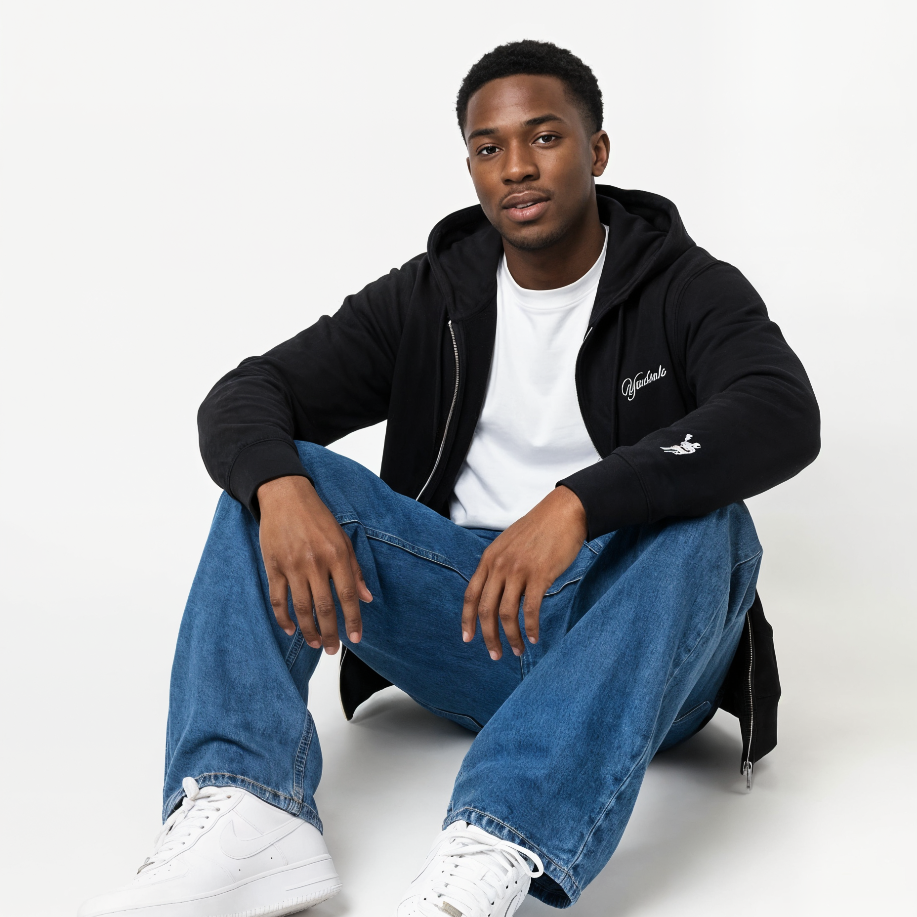 Person wearing a black hoodie, white t-shirt, blue jeans, and white sneakers on a white background