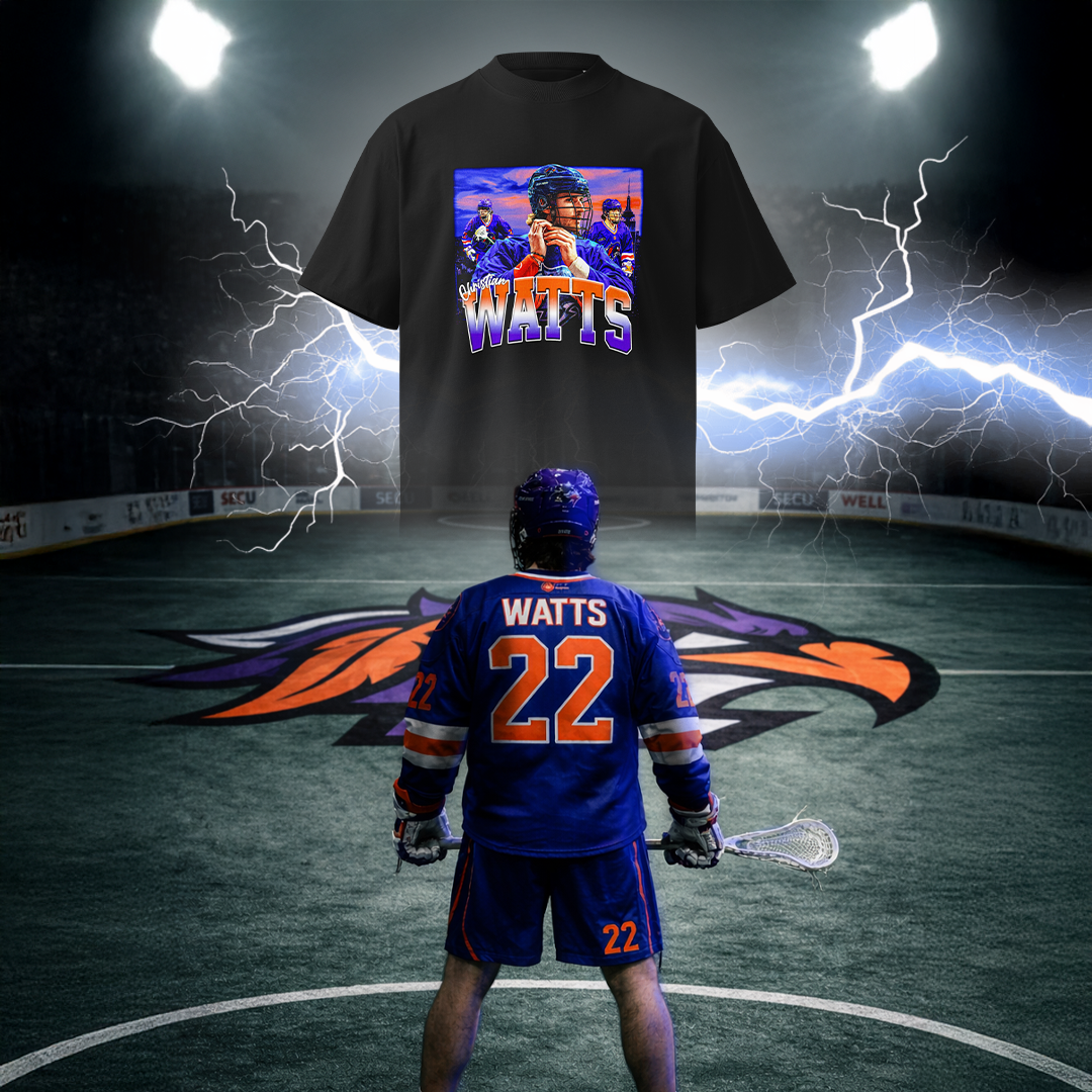 Person in lacrosse gear with 'Watts' and number '22' on a sports field, with a t-shirt featuring a similar design in the background.