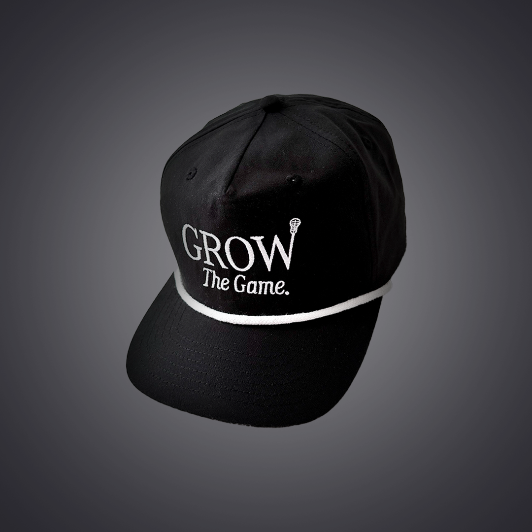 Black cap with 'Grow The Game' text on a gray background
