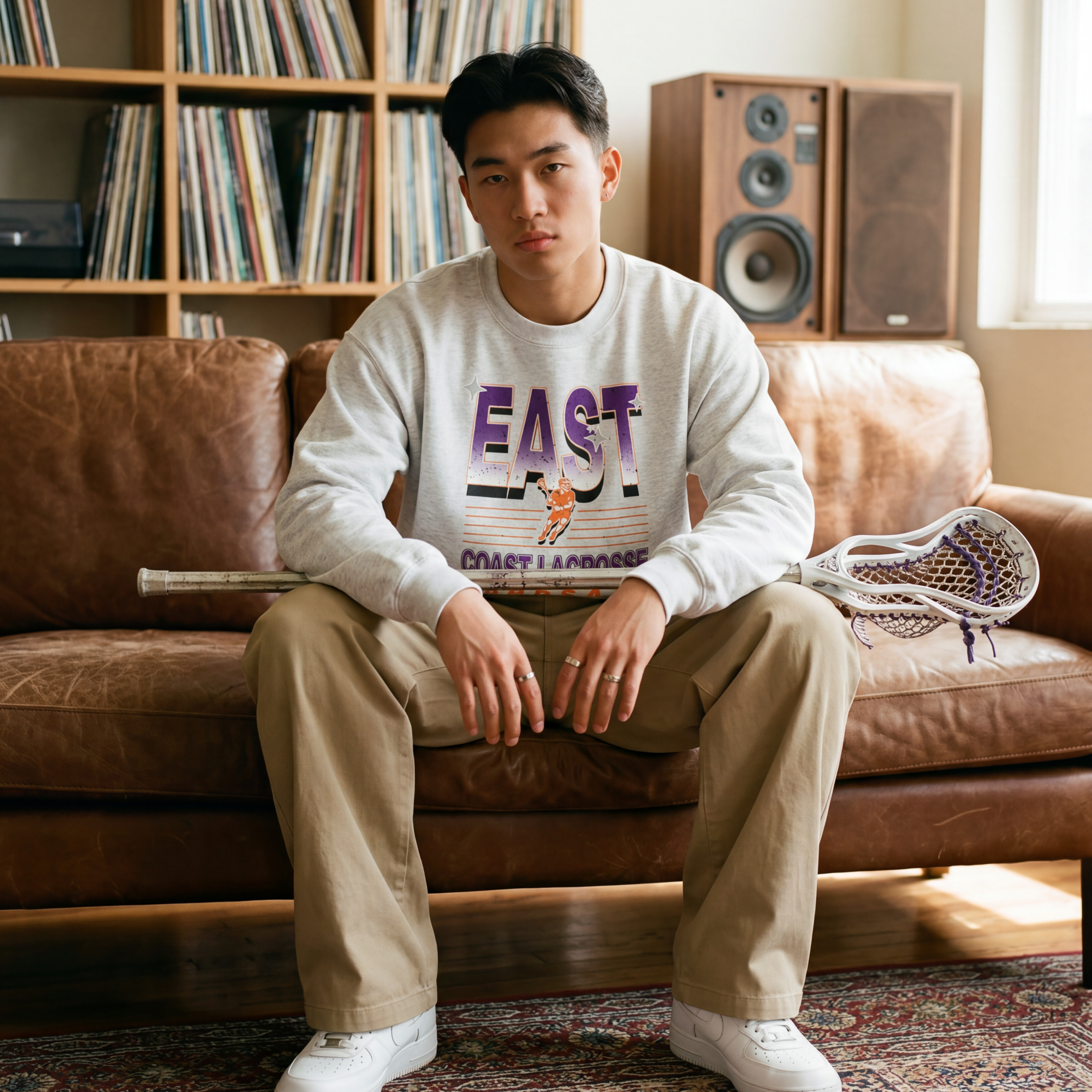 Person sitting on a brown leather couch in a room with vinyl records and speakers.
