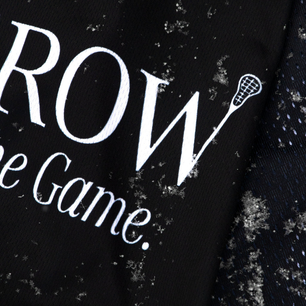 Black and white distressed graphic with 'ROW the Game' text and a lacrosse stick icon.