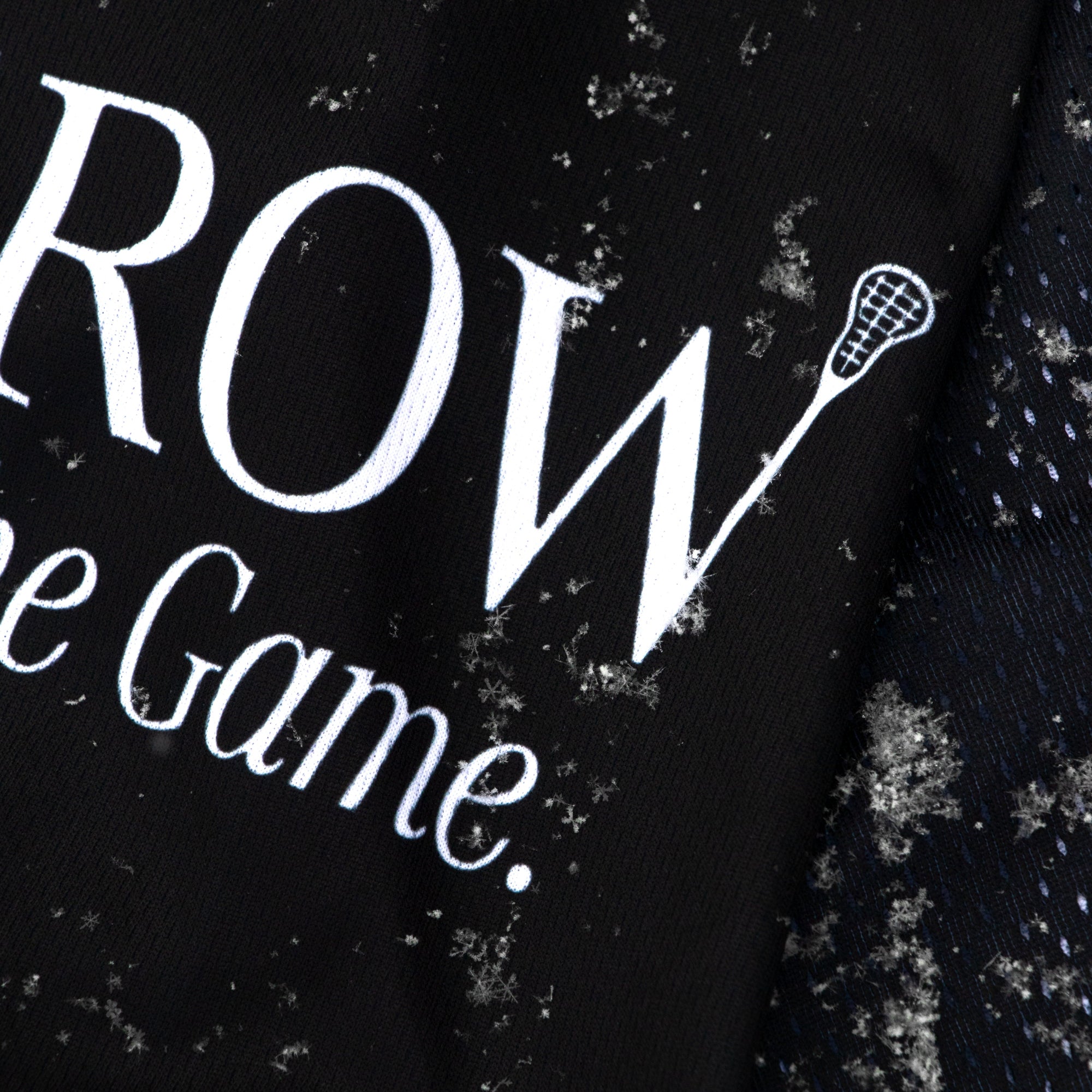 Black and white distressed graphic with 'ROW the Game' text and a lacrosse stick icon.