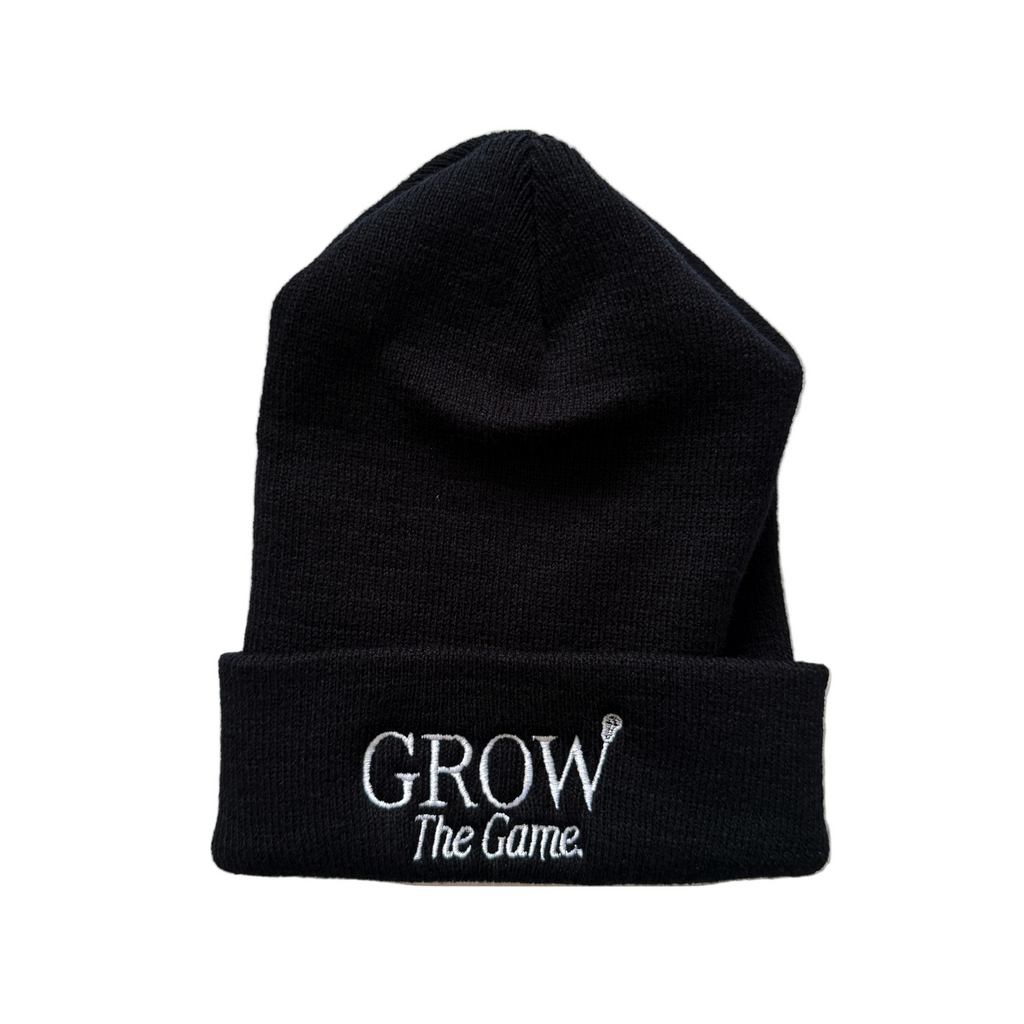 Black beanie with 'GROW The Game' text on a white background