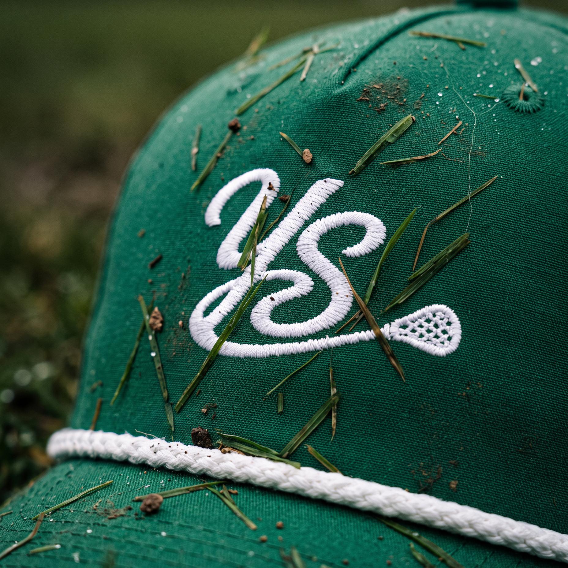 A close-up of a green baseball cap outdoors, covered with grass and dirt, featuring a white embroidered stylized 'YS' logo and a white rope detail across the brim.