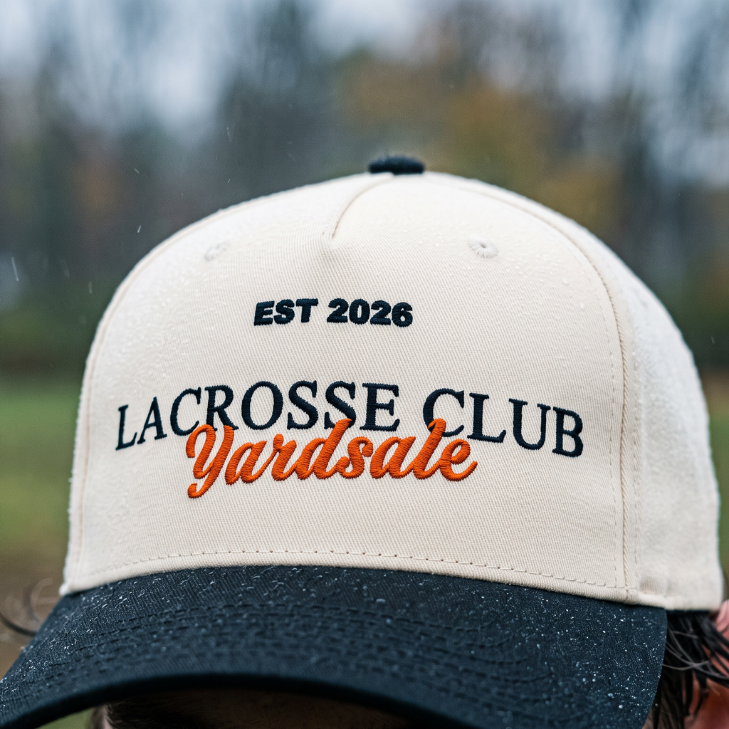 A close-up lifestyle shot of a man wearing a cream and black lacrosse club cap with 'LACROSSE CLUB Yardsale EST 2026' embroidered on the front, set against a blurred outdoor field background.