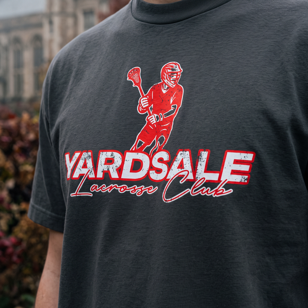 A close-up of a person wearing a dark charcoal gray t-shirt with a red and white graphic of a lacrosse player and the text 'YARDSALE Lacrosse Club'. The background shows a blurred outdoor scene with a stone building.