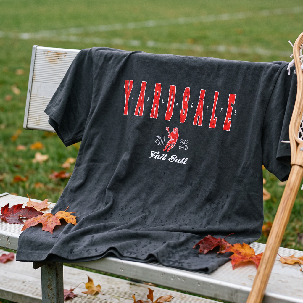 A faded black varsity t-shirt with red and white 'YARDSALE 2024 Yall Ball' text is draped over a white wooden bench on a grassy field with scattered autumn leaves. A lacrosse stick rests on the bench, and a lacrosse goal is visible in the background.