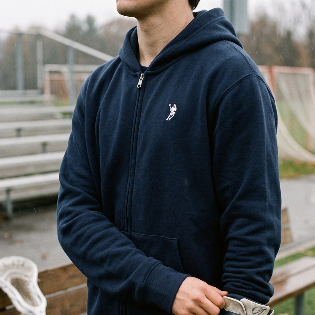 A person outdoors on a sports field wearing a navy blue zip-up hoodie with a small white embroidered polo player logo on the left chest. The person is holding a pair of hockey gloves and a lacrosse helmet, with wooden bleachers and turf visible in the background.